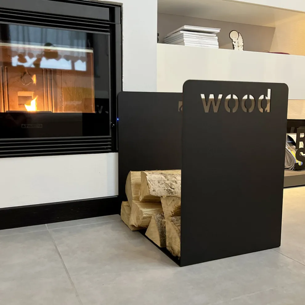 Moderner Holzhalter in minimalem Design aus schwarzem Stahl mit Gravur - Altano