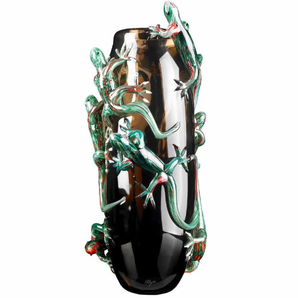 Handgefertigte Indoor-Vase aus farbigem Glas mit Geckos Made in Italy - Geco
