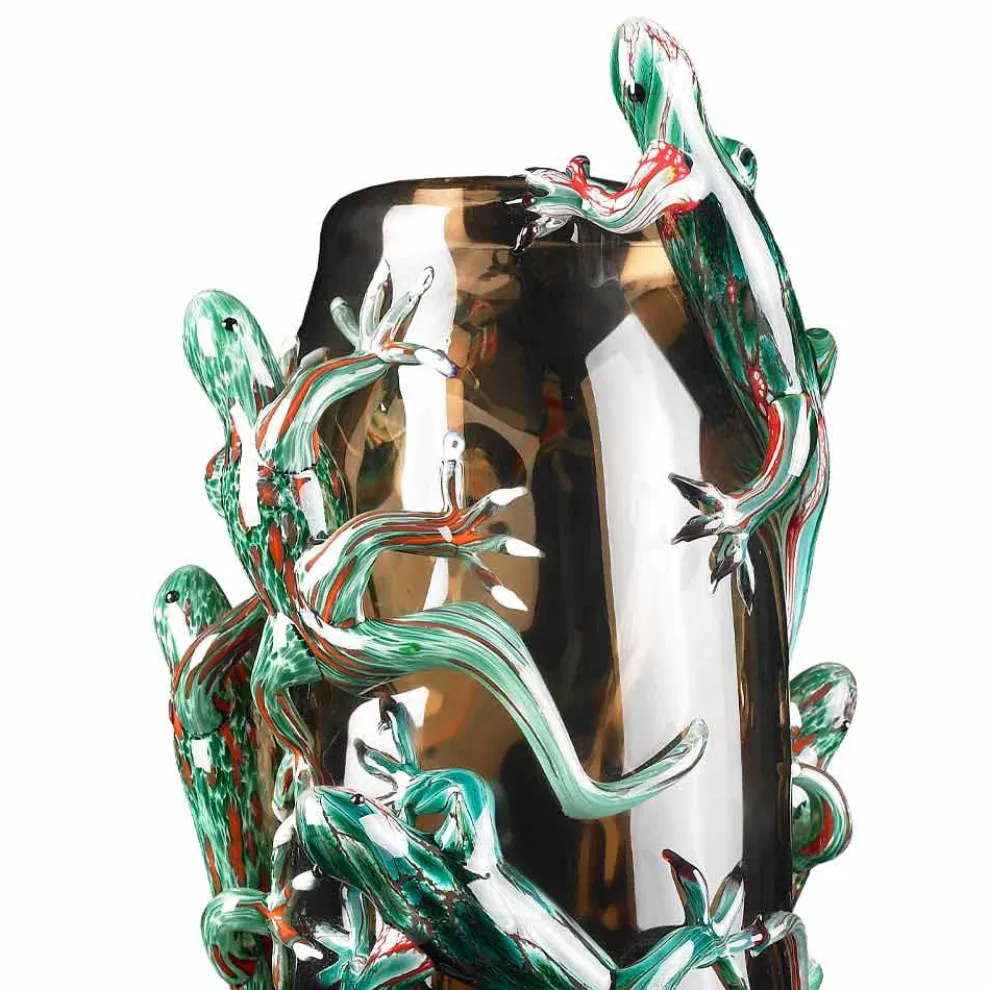 Handgefertigte Indoor-Vase aus farbigem Glas mit Geckos Made in Italy - Geco