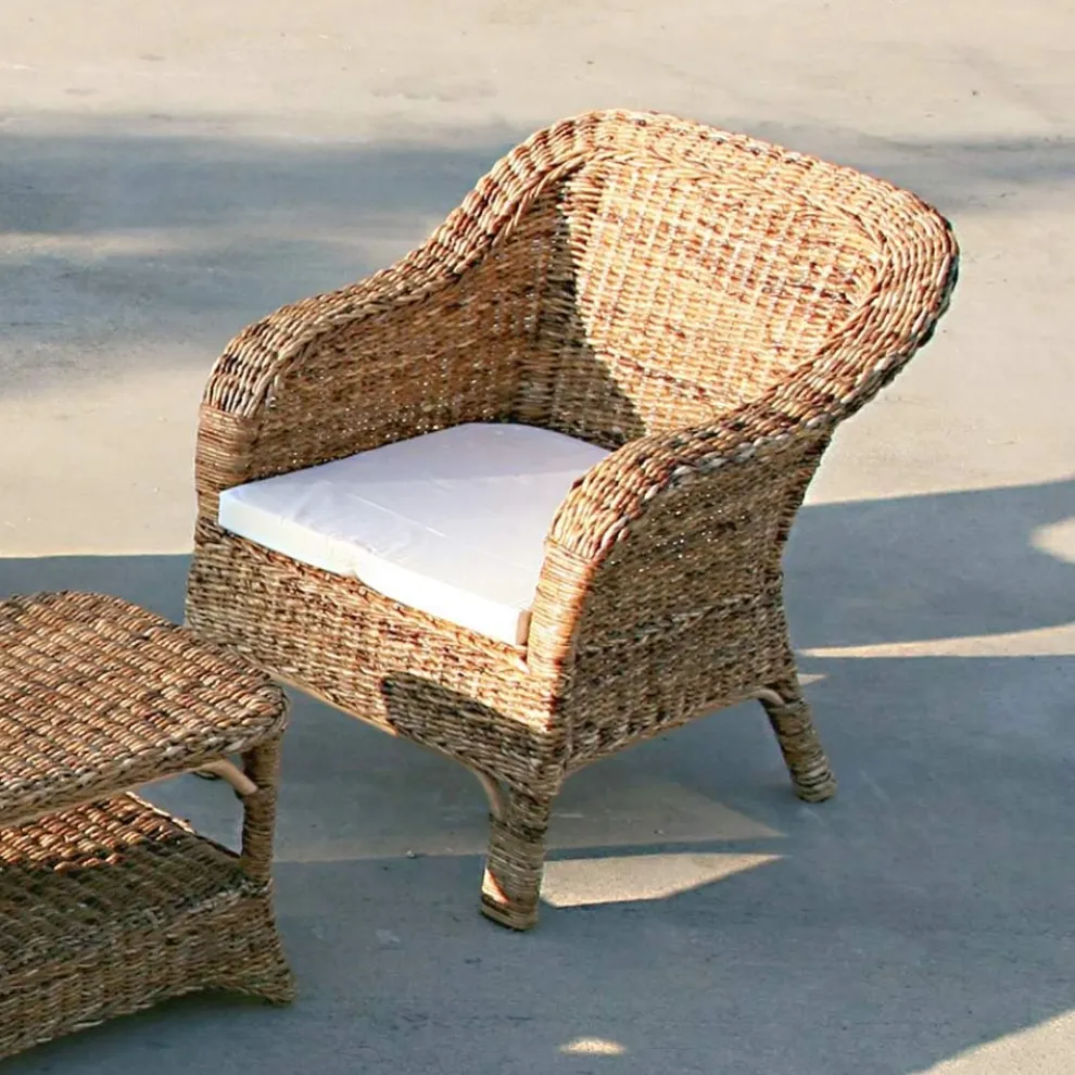 Outdoor-Sessel aus natürlichem Bananengeflecht und ecrufarbenem Kissen - Dish