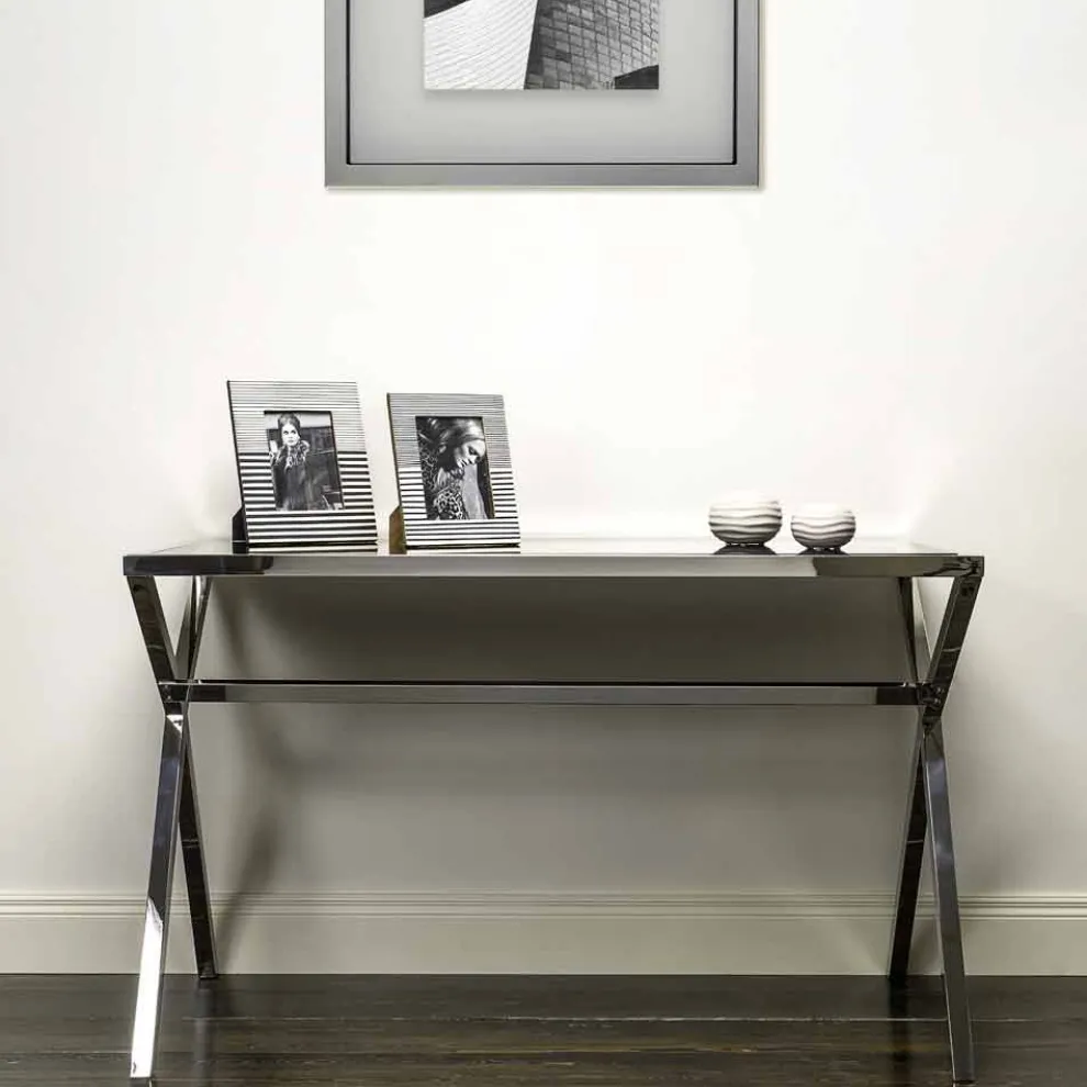 Design Schreibtisch aus Stahl und glänzend schwarzem Glas L120xH75cm Millon