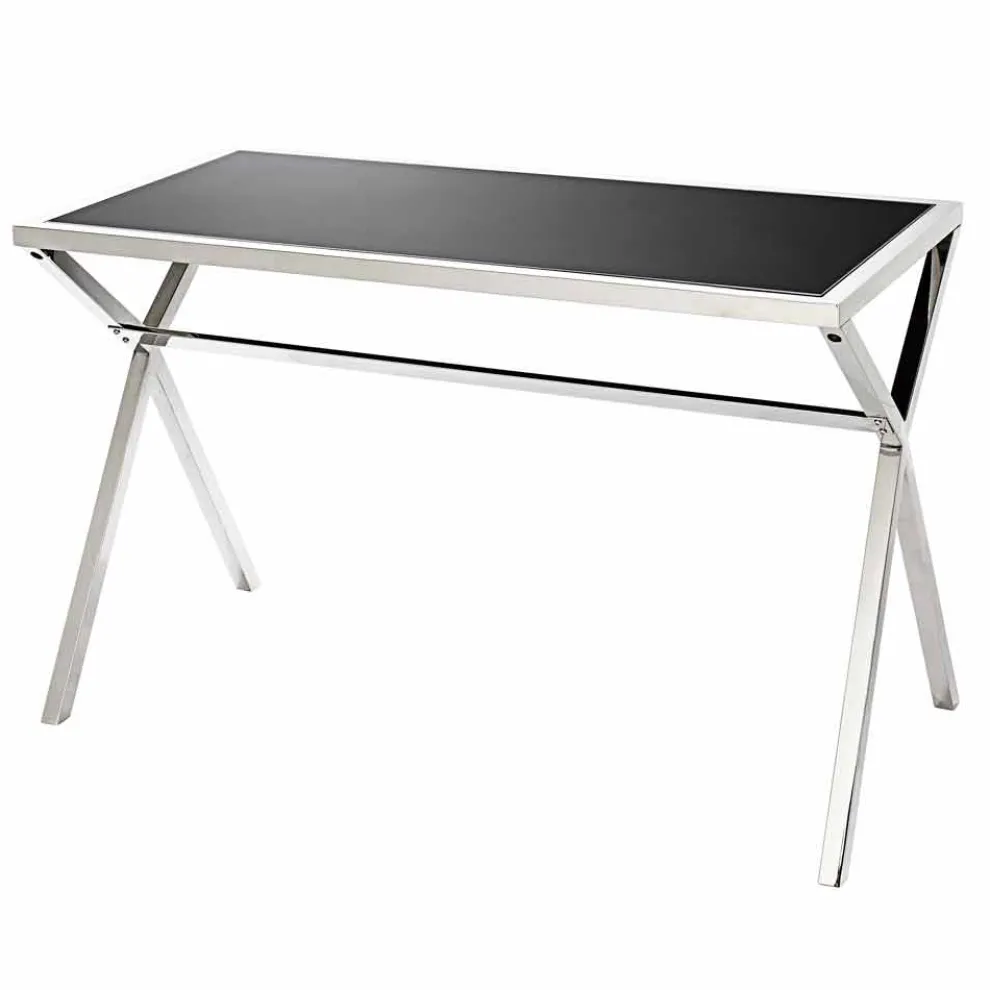 Design Schreibtisch aus Stahl und glänzend schwarzem Glas L120xH75cm Millon