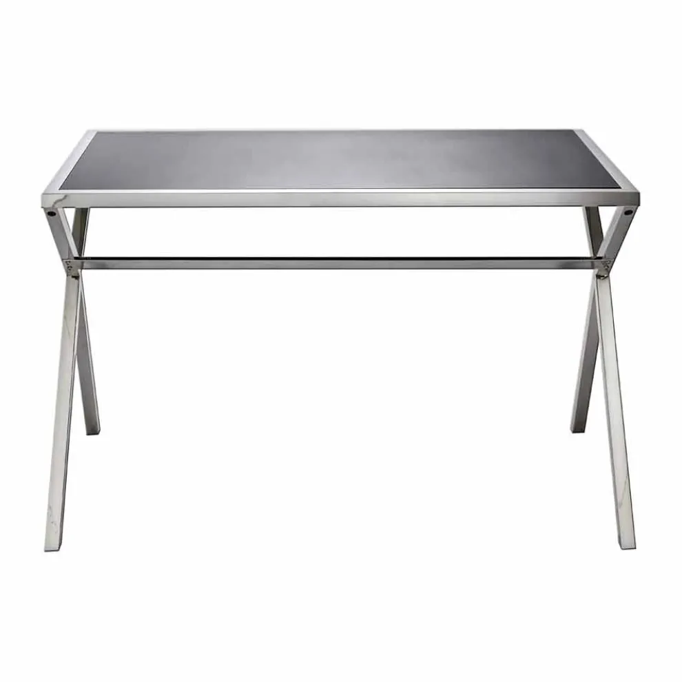Design Schreibtisch aus Stahl und glänzend schwarzem Glas L120xH75cm Millon