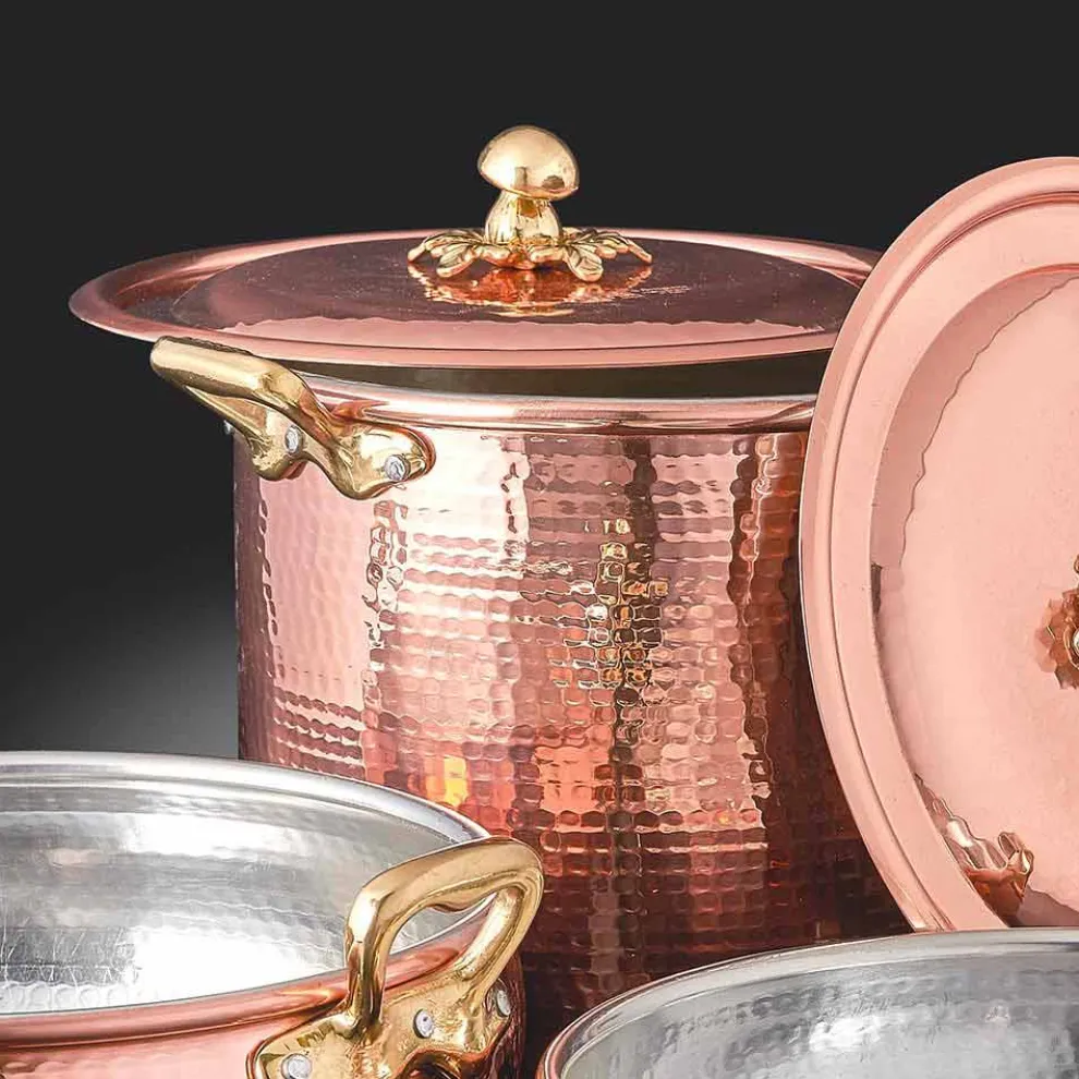 Hoher Topf in Hand verzinnt Kupfer mit Griffen und Deckel 28 cm - Mariarita