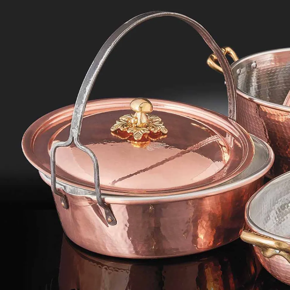 Handverzinnte Kupferkasserolle, Deckel und gewölbter Griff 28 cm - MariaG