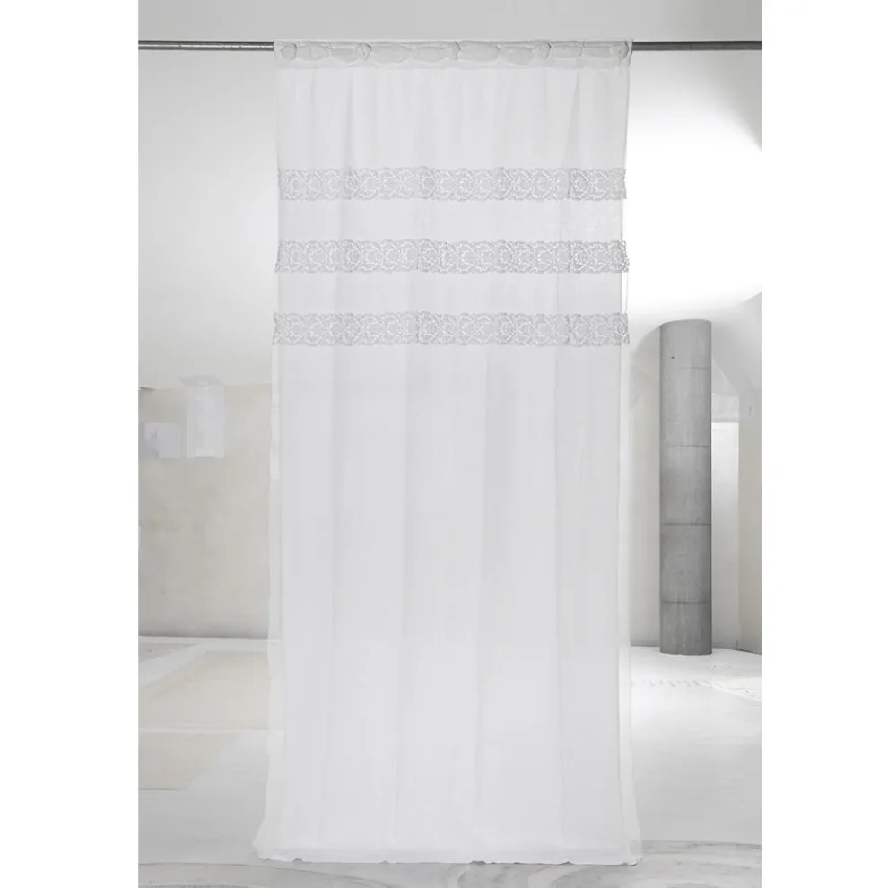 Weißer Leinenvorhang mit Organza und Stickerei, Design Made in Italy - Marpessa