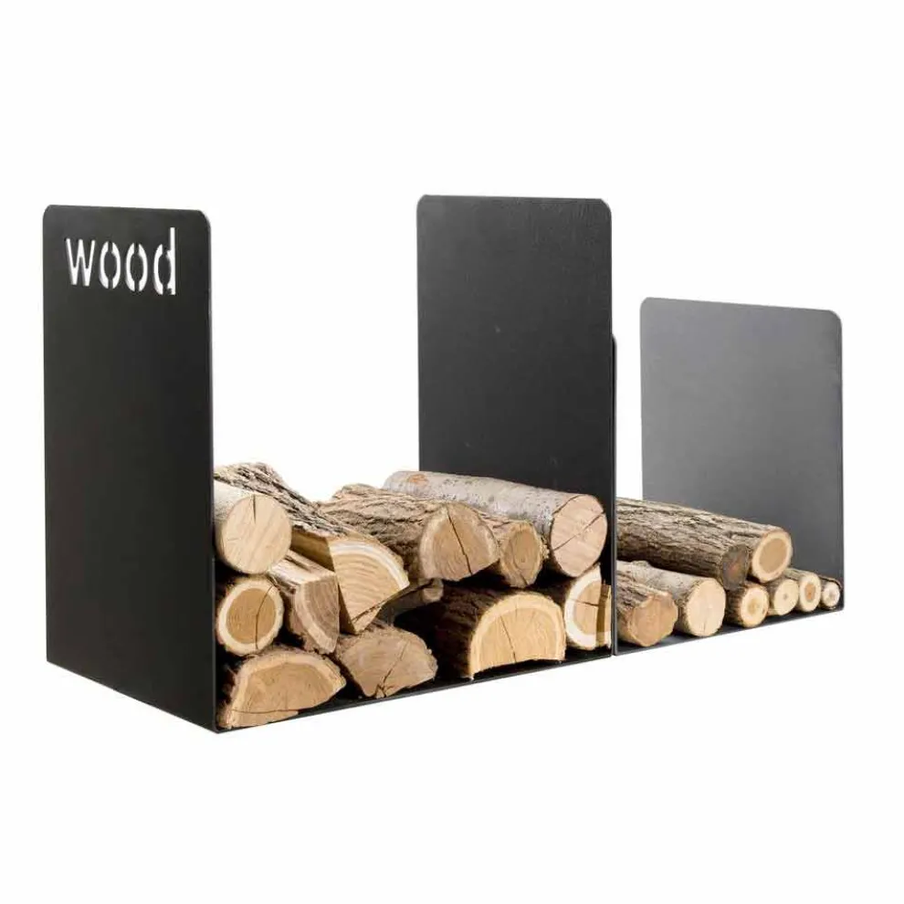 Doppelter Holzhalter aus schwarzem Stahl mit seitlichem Dekor Design - Altano1