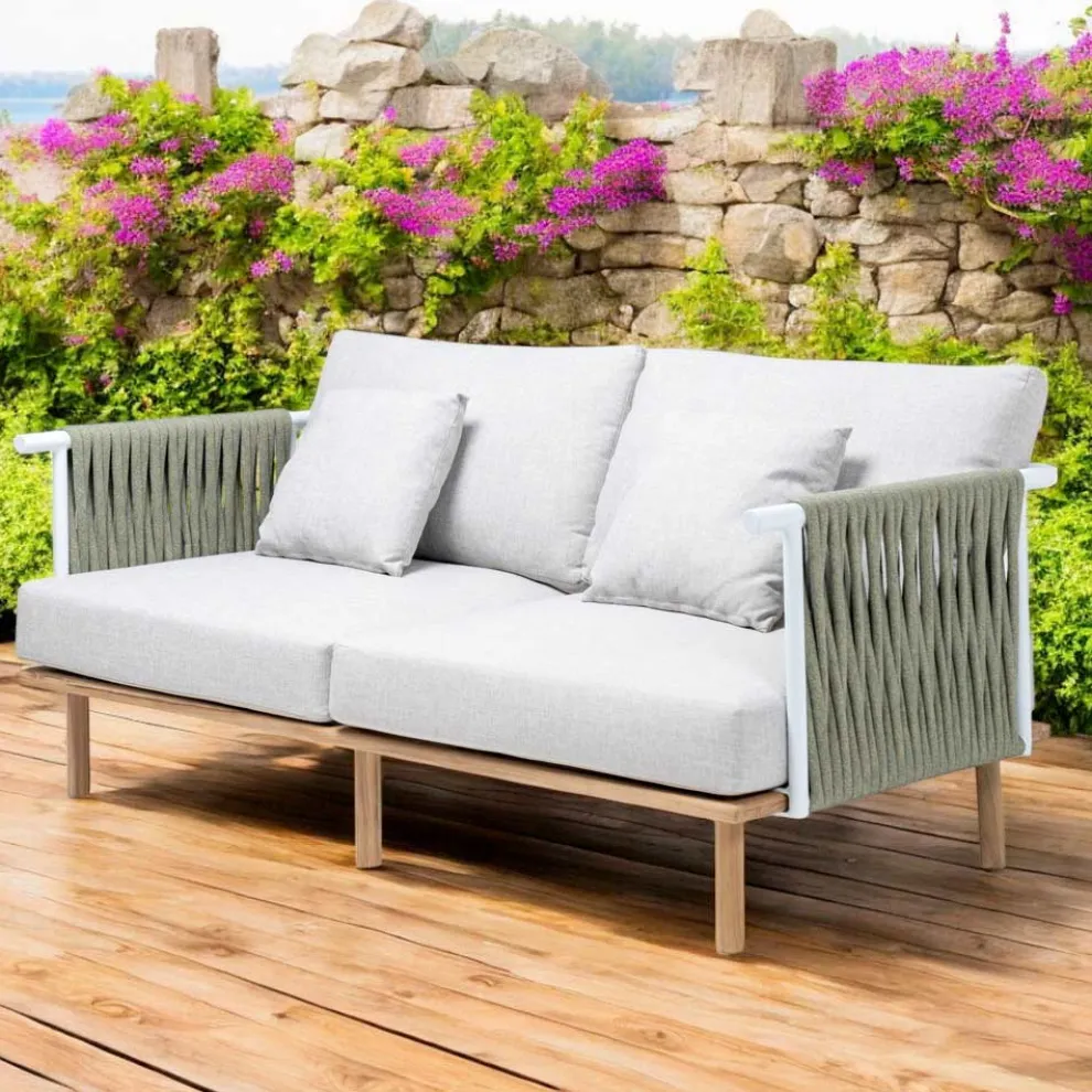2-Sitzer-Sofa aus Teakholz, Seilgeflecht und Kissen - Bellatrix