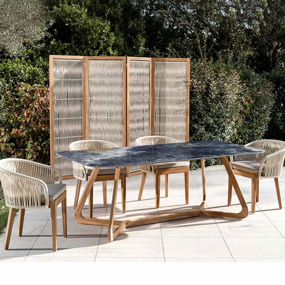 Gartentisch mit Holzsockel und ozeanblauer Keramikplatte - Infinity