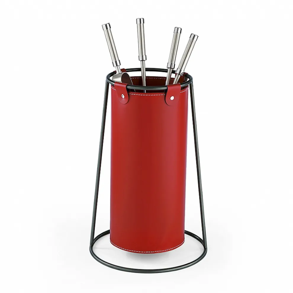 Kaminzubehörhalter aus Leder und schwarz lackiertem Stahl, hergestellt in Italien