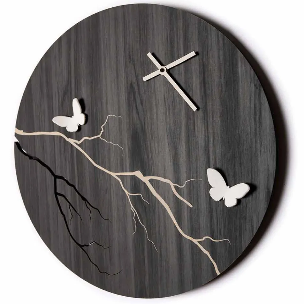 Rundes Design Wanduhr aus lasergraviertem Holz und 3D-Schmetterlingen - Farfo