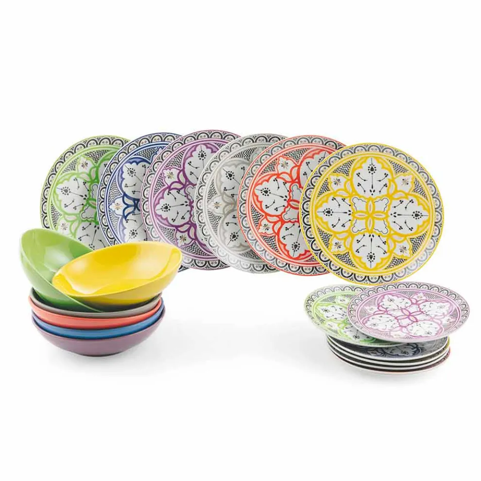 Ethnischer Geschirrservice aus Porzellan und farbigem und modernem Steinzeug 18 Stück - Fez