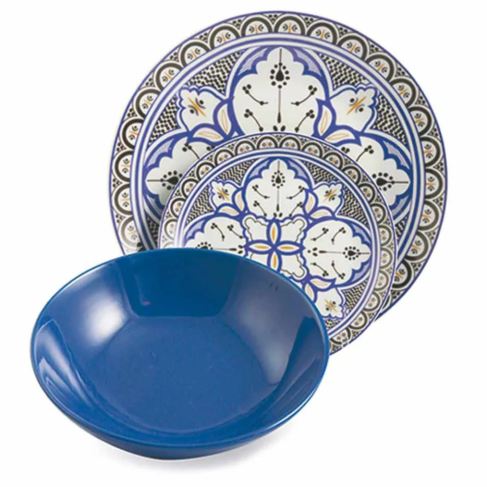 Ethnischer Geschirrservice aus Porzellan und farbigem und modernem Steinzeug 18 Stück - Fez