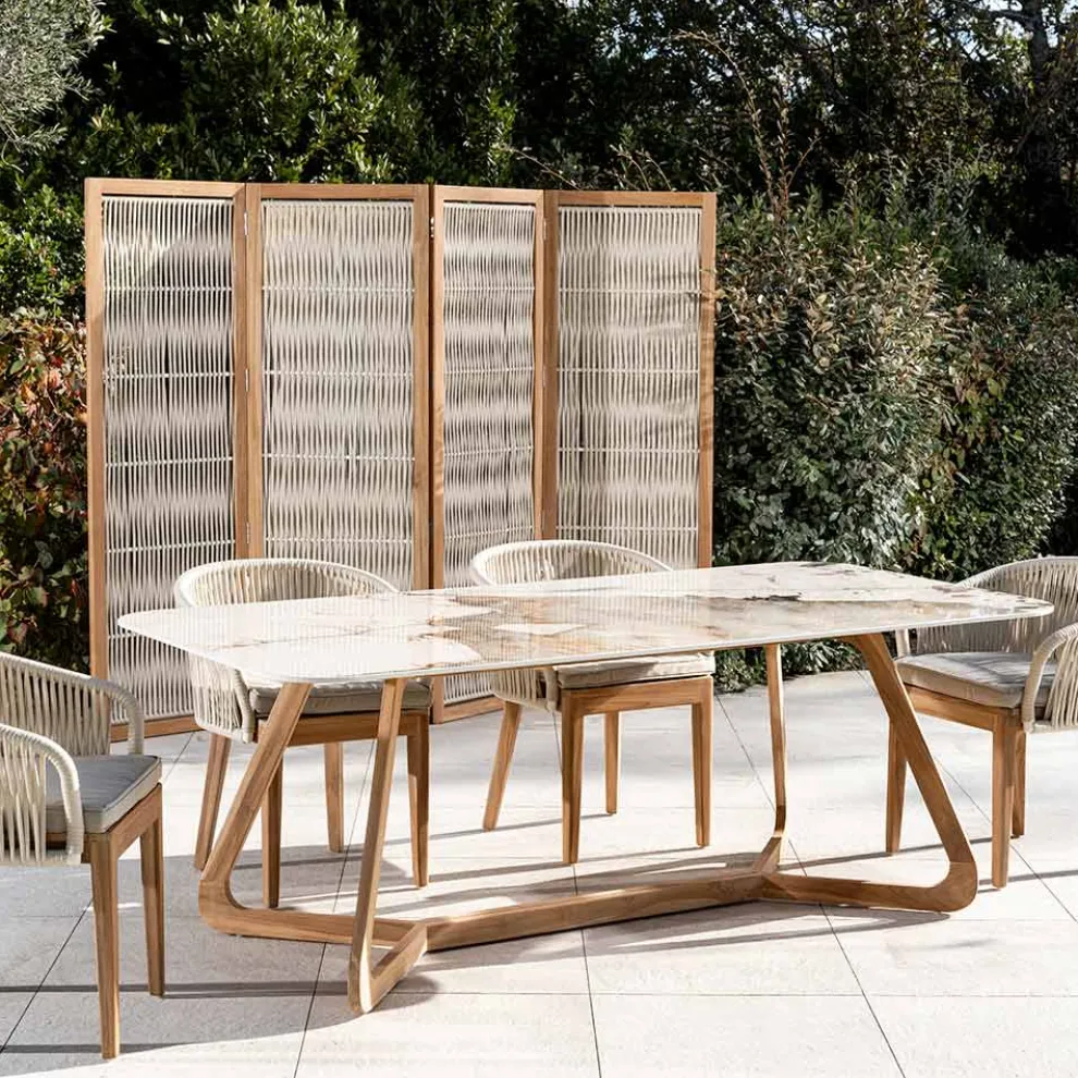 Tisch mit Keramikplatte und Untergestell aus massivem Teakholz, hergestellt in Italien – Bluse