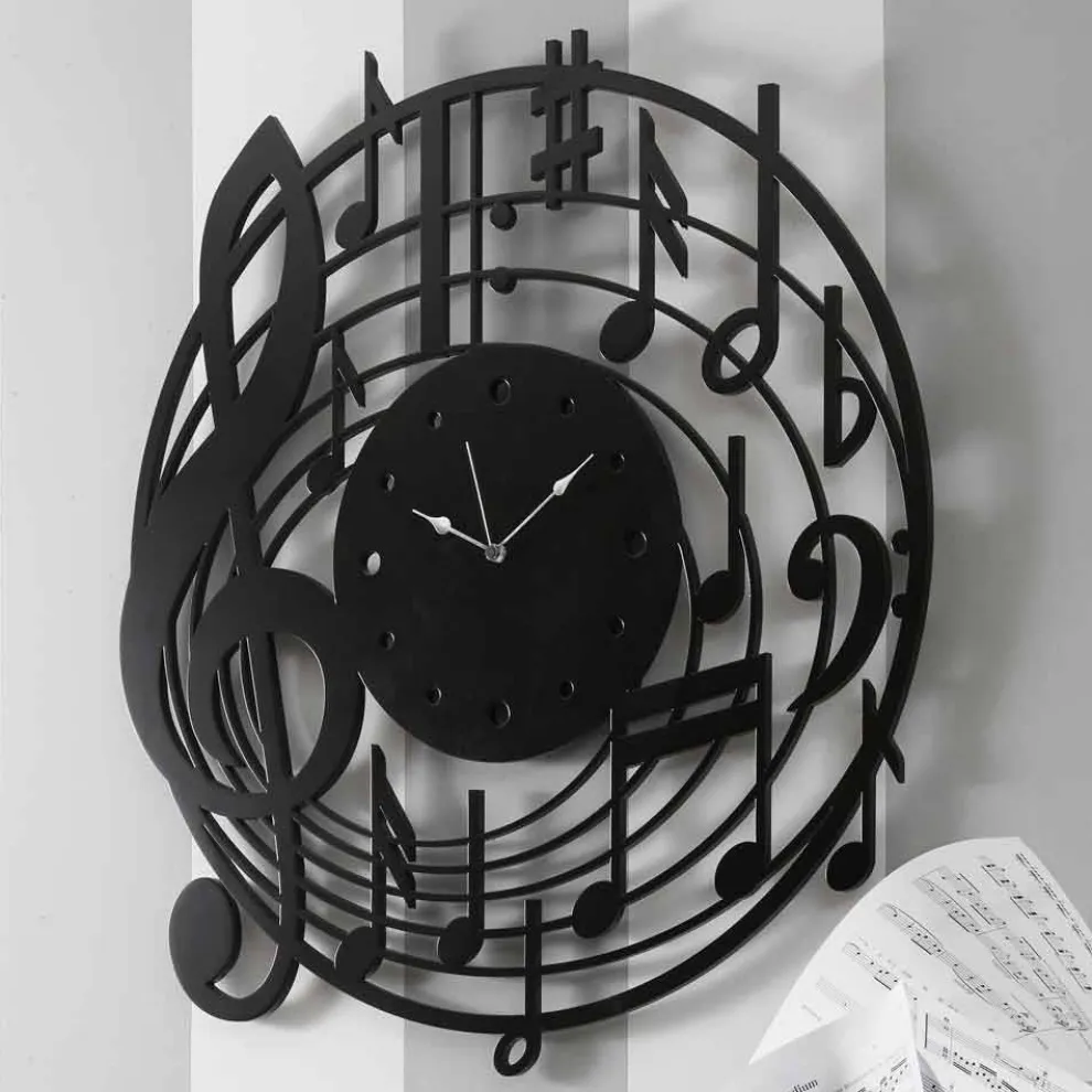 Runde schwarze Wanduhr des modernen Designs in verziertem Holz - Musik