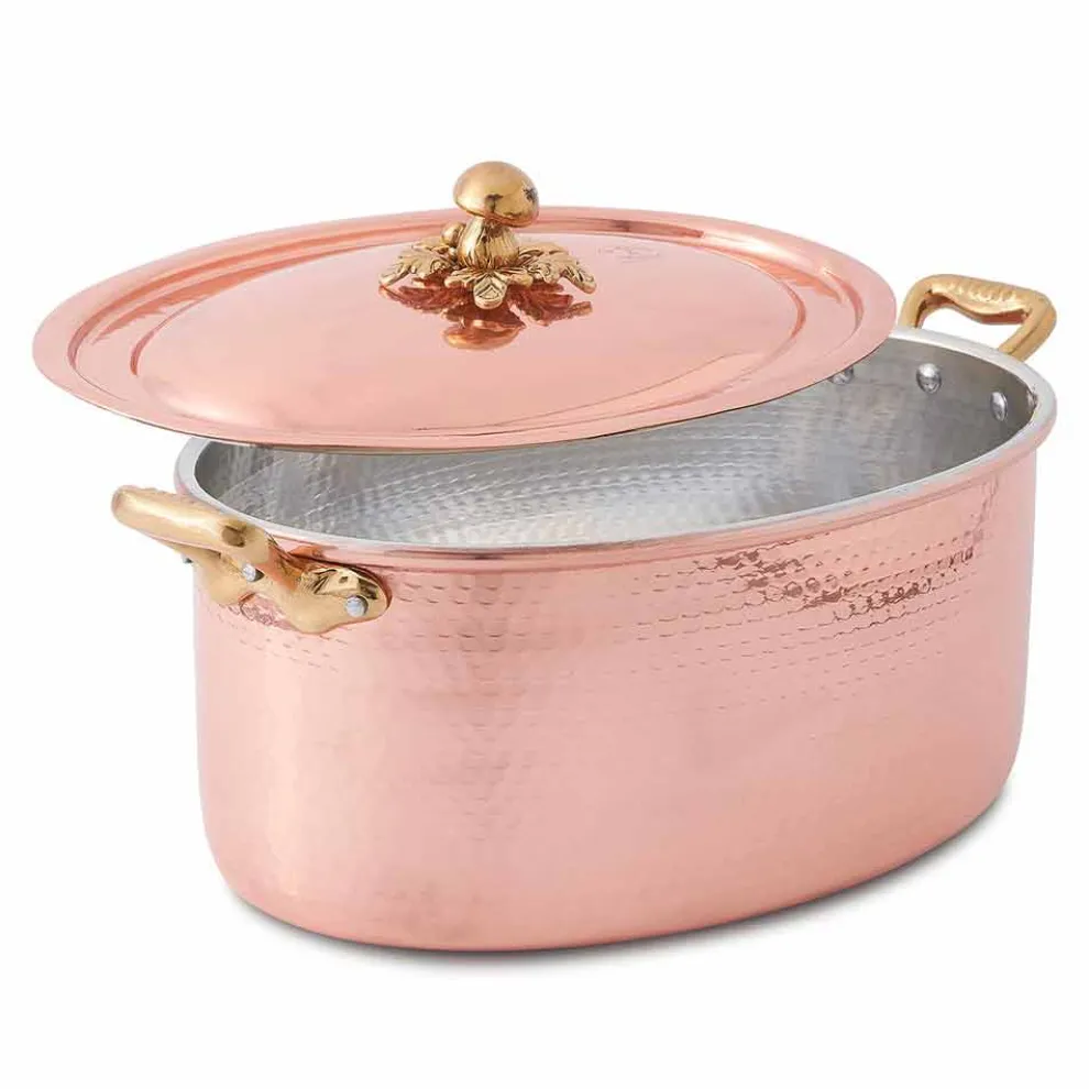 Ovale handverzinnte Kupferkasserolle für Backofen und Deckel 37x26 cm - Mariag