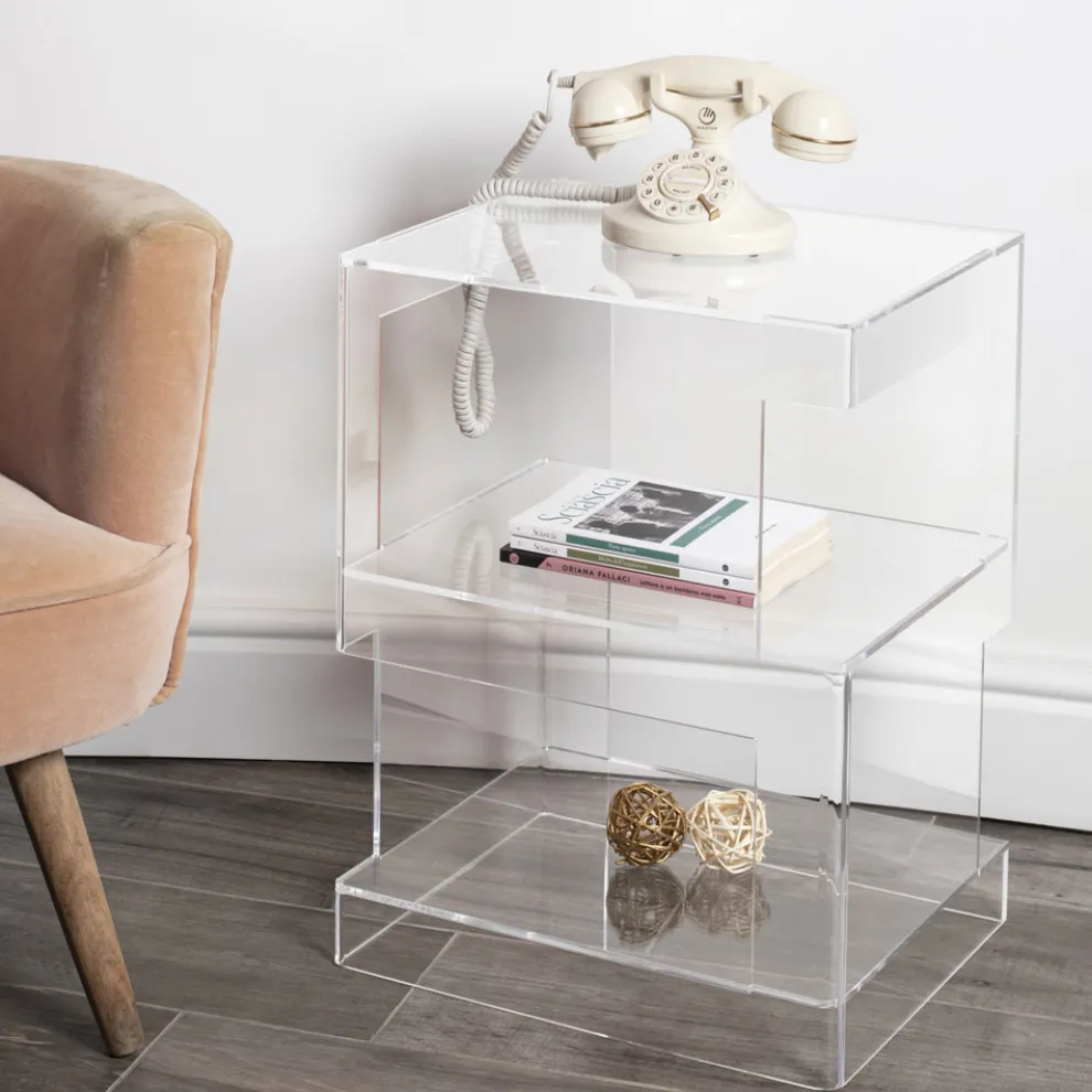 Moderner Nachttisch aus transparentem Acryl-Kristall-Design mit Ablage - Icaria