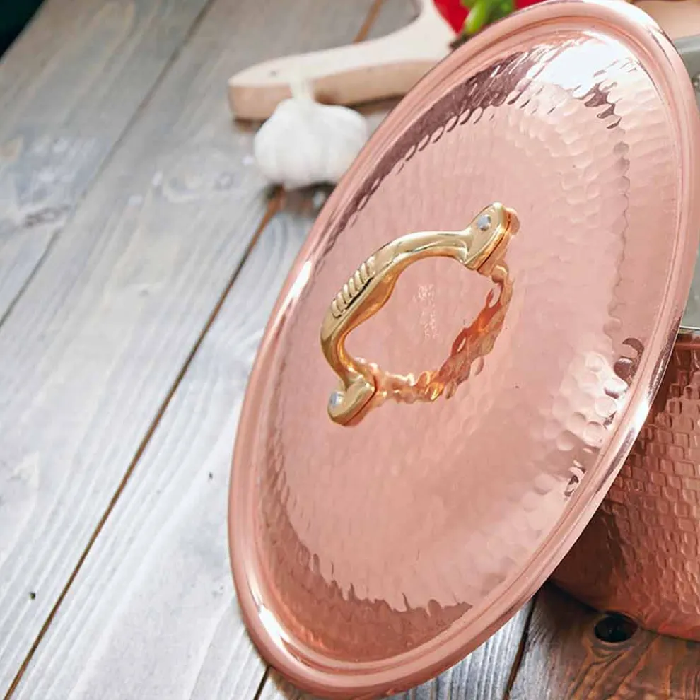 Runde Bratpfanne aus handverzinntem Kupfer mit Griff und Deckel 20 cm - Gianluigi