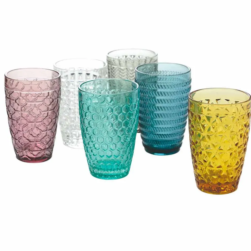 Modernes Trinkgeschirrset aus verziertem farbigem Glas 12 Stück - Mix