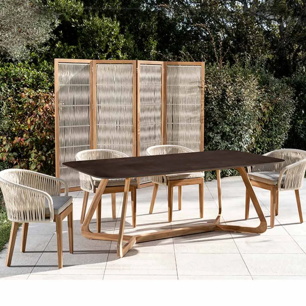 Gartentisch mit Holzsockel und Metall-Corten-Keramikplatte - Infinity