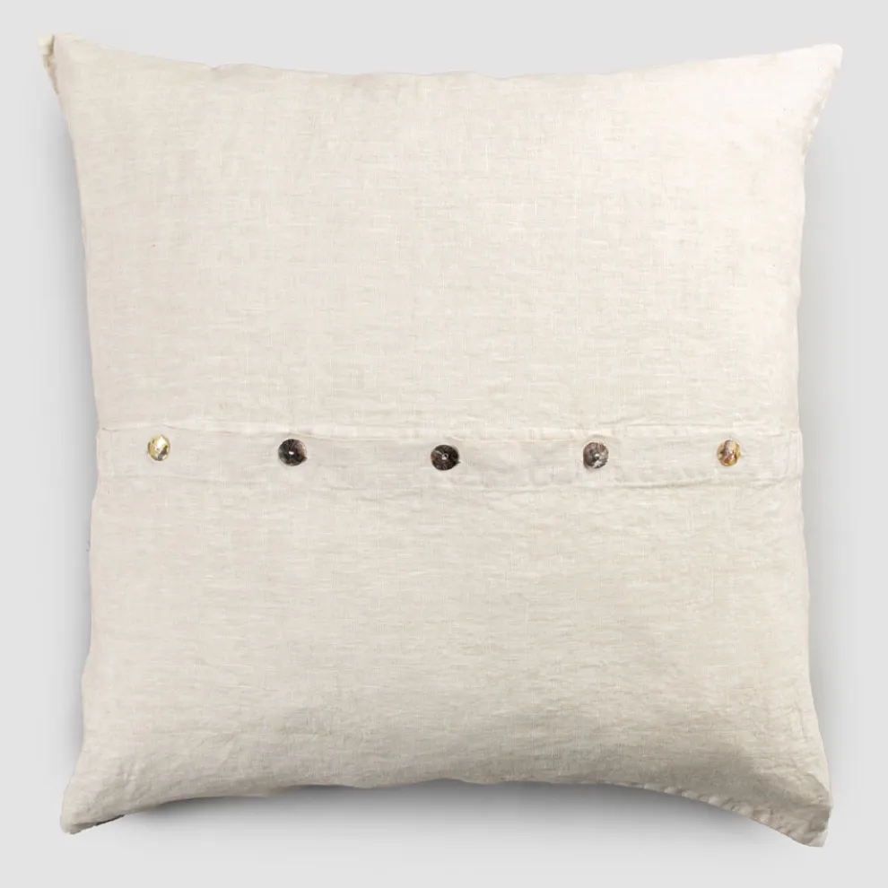 Quadratischer Kissenbezug aus schwerem farbigem Leinen mit Knöpfen in Agoya - Mittelmeer