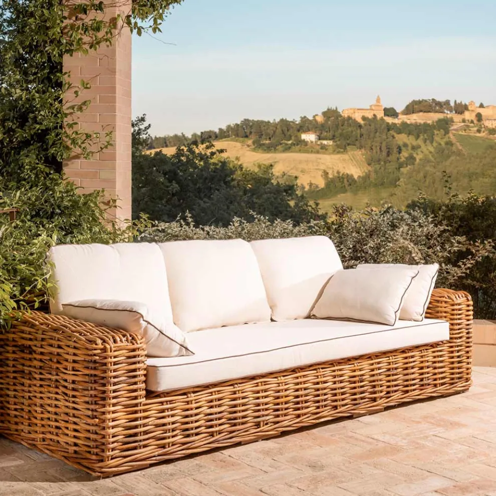 3-Sitzer oder Maxi-Gartensofa aus natürlichem Rattan mit Kissen - Keira
