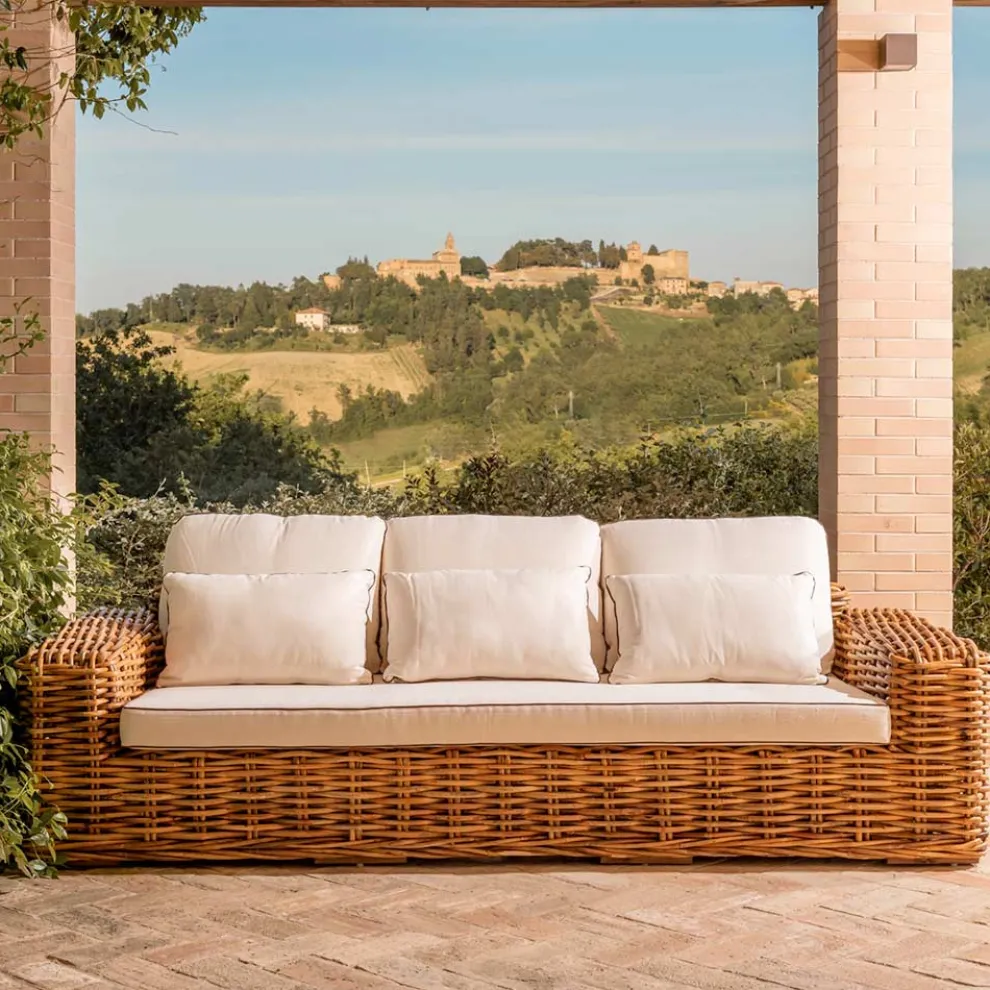 3-Sitzer oder Maxi-Gartensofa aus natürlichem Rattan mit Kissen - Keira