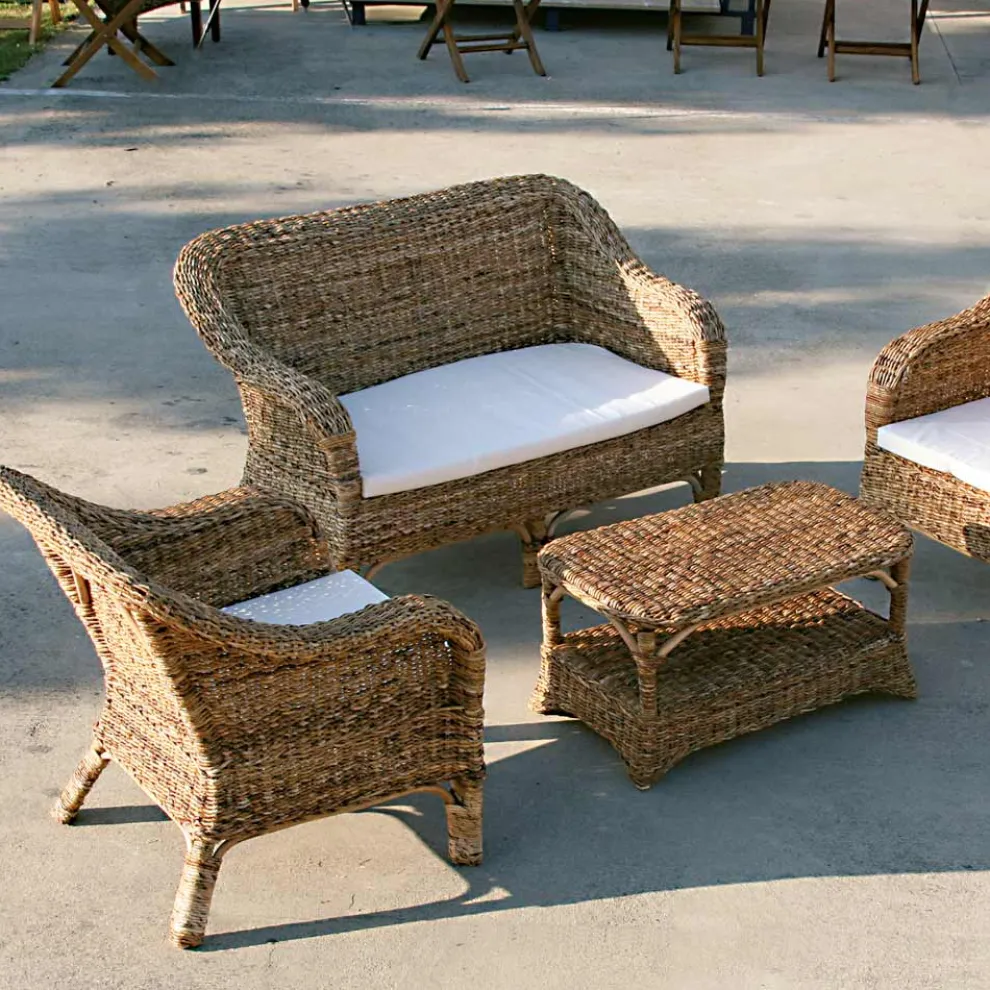 2-Sitzer-Outdoor-Sofa aus natürlichem Bananengeflecht und ecrufarbenem Kissen - Dish