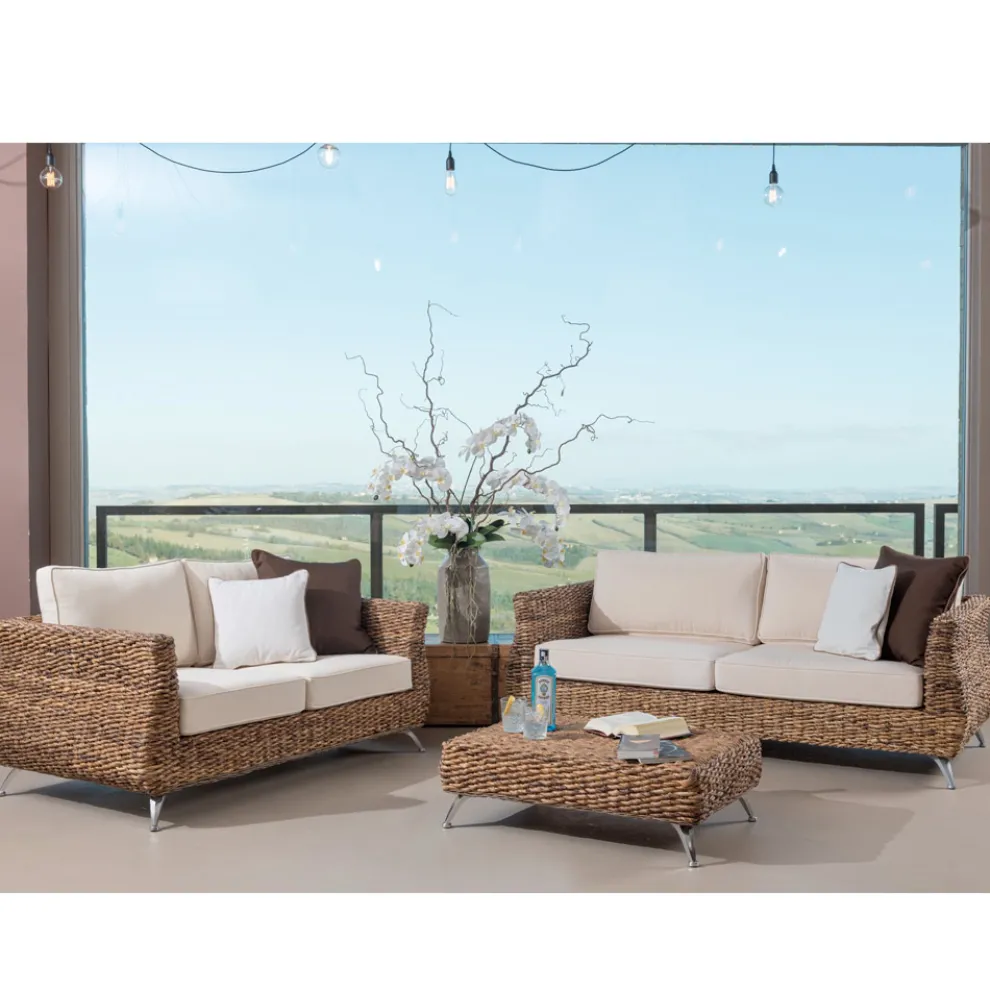Outdoor-Couchtisch-Hocker aus Bananengeflecht mit Kissen - Legolas