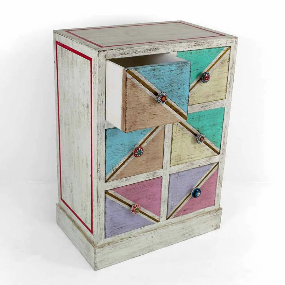 Handgefertigte hölzerne Kommode mit farbigen Schubladen Made in Italy - Brighella