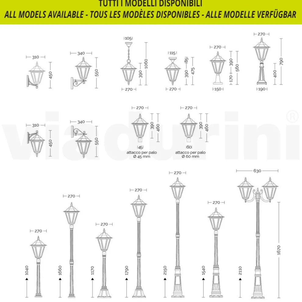 215 cm hohe Gartenlampe aus Glas und 5 Aluminiumausführungen - Pinako