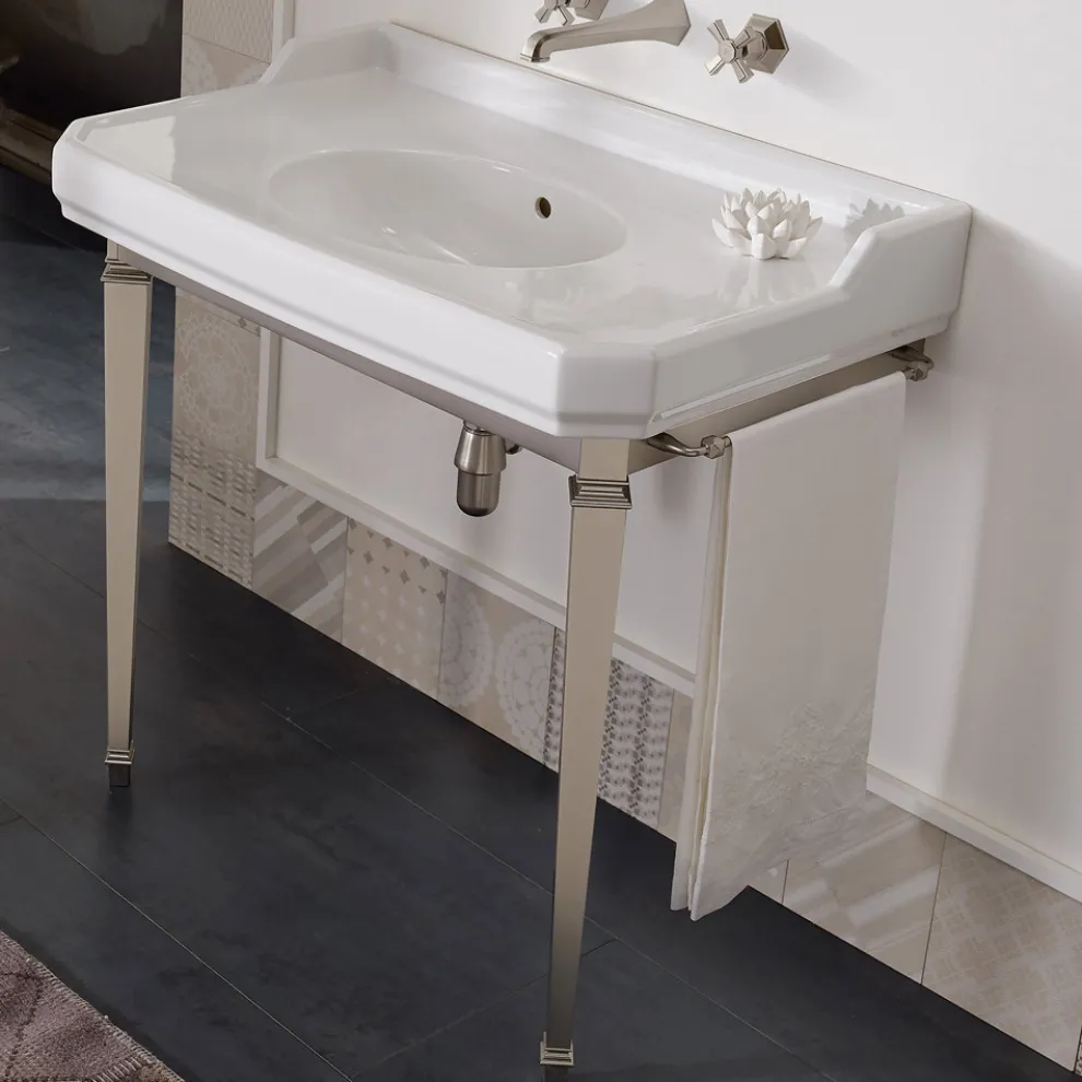 90 cm Vintage Badezimmerkonsole, weiße Keramik, mit Füßen Made in Italy - Nausica