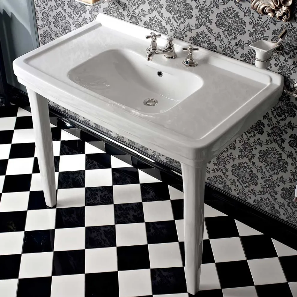 105 cm Vintage weiße Keramik-Badezimmerkonsole mit Füßen, Made in Italy - Marwa