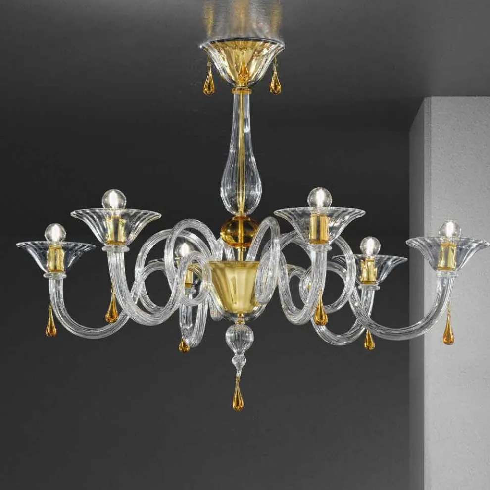 6 Lichter Venezianischer Glas Kronleuchter Handgefertigt, Made in Italy - Margherita