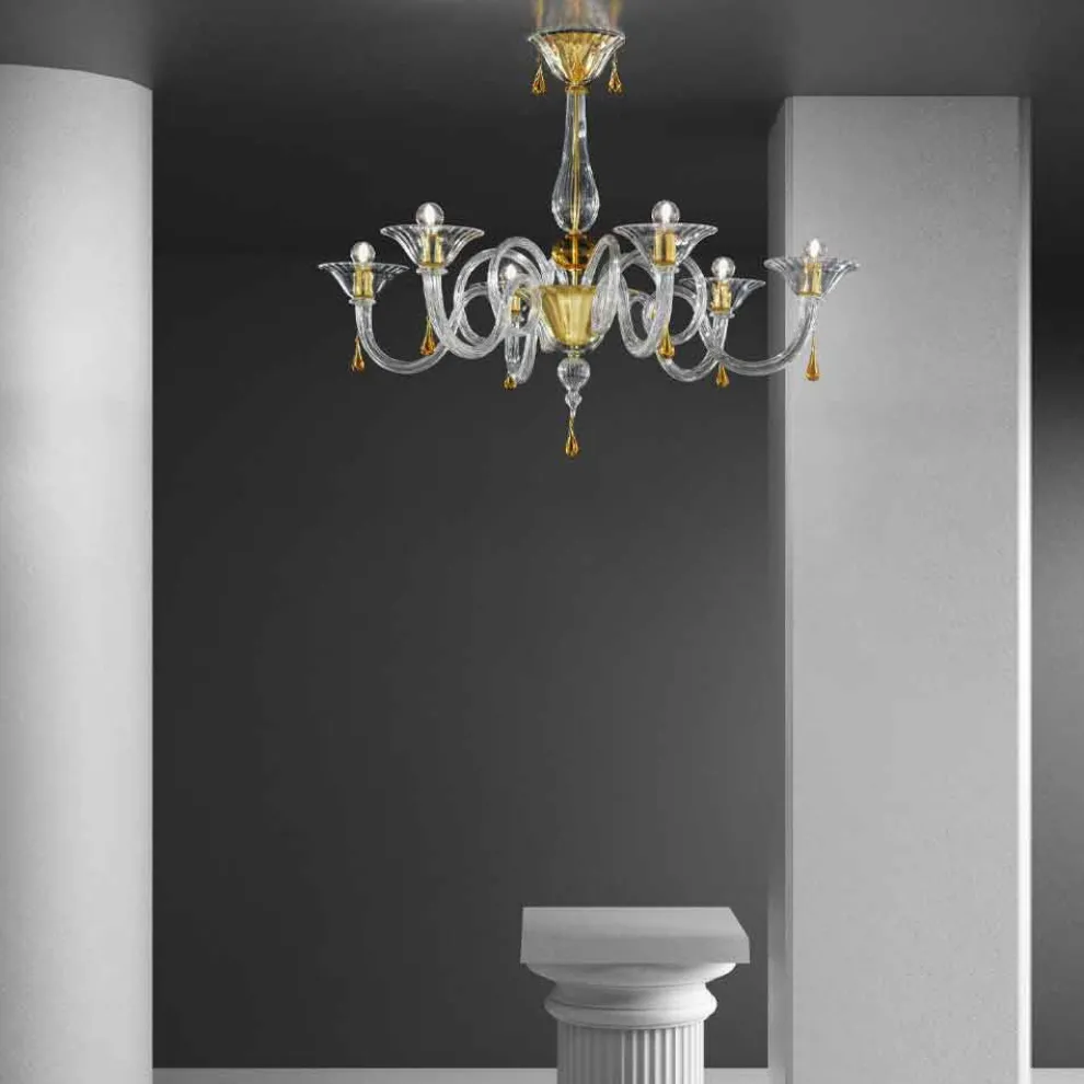 6 Lichter Venezianischer Glas Kronleuchter Handgefertigt, Made in Italy - Margherita