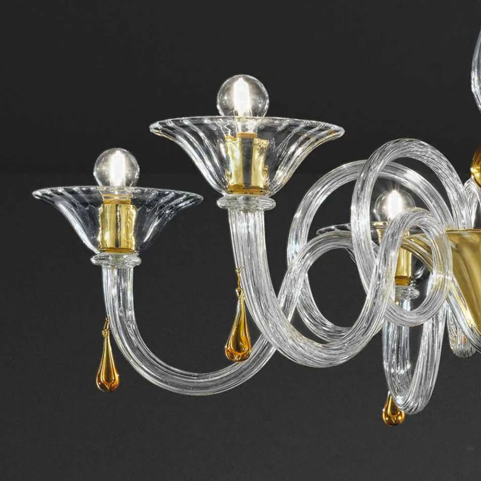 6 Lichter Venezianischer Glas Kronleuchter Handgefertigt, Made in Italy - Margherita