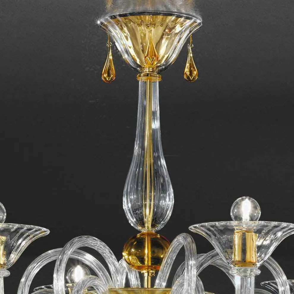 6 Lichter Venezianischer Glas Kronleuchter Handgefertigt, Made in Italy - Margherita