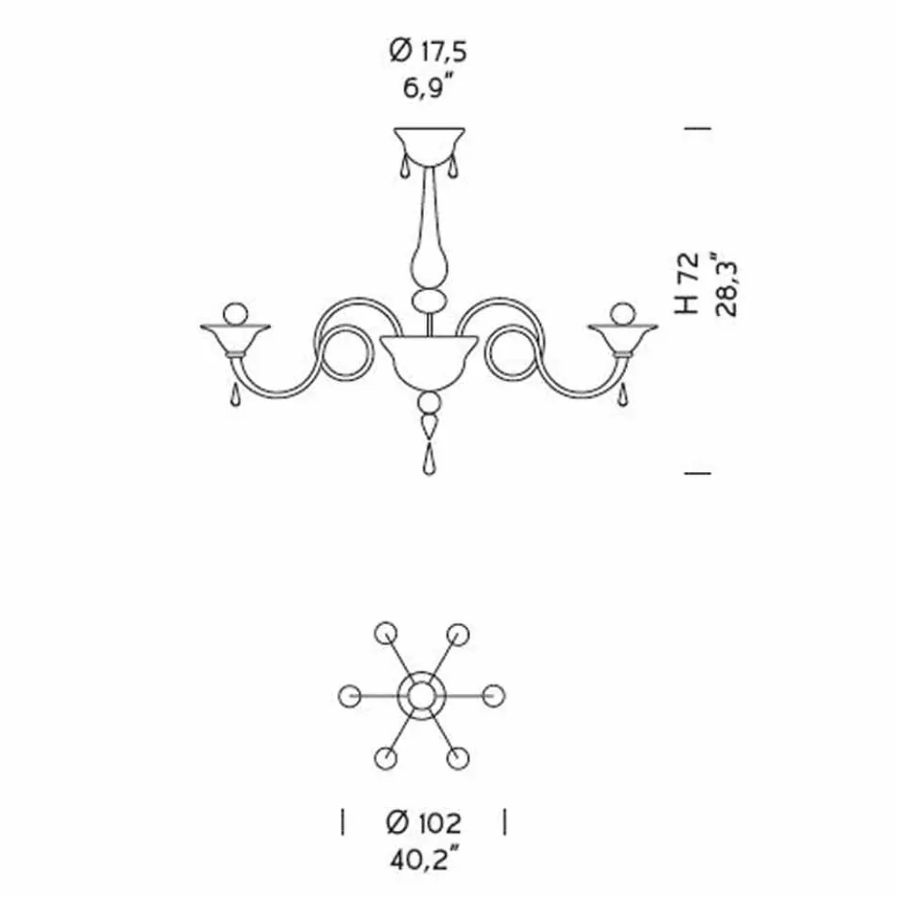 6 Lichter Venezianischer Glas Kronleuchter Handgefertigt, Made in Italy - Margherita