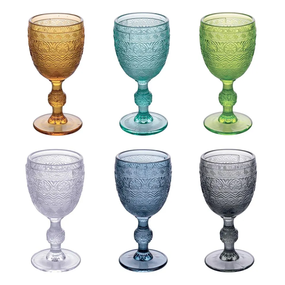 Set mit 12 Kelchen 210 ml aus farbigem Glas und Reliefarbeit - Sonnenuntergang