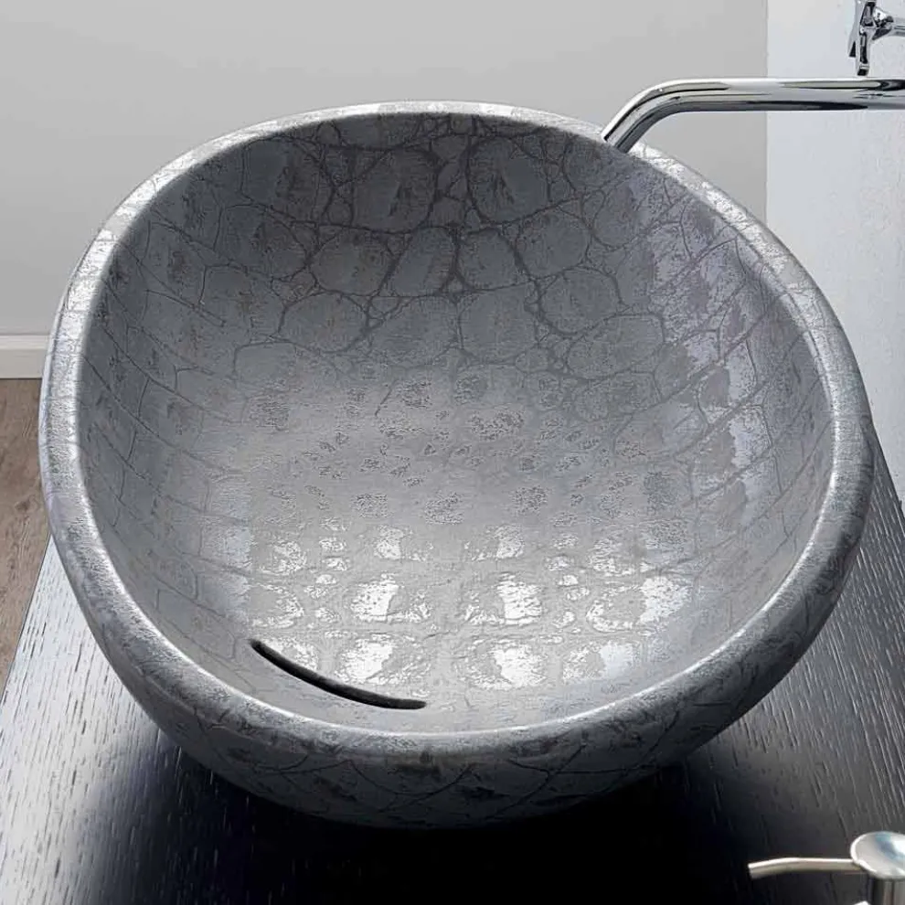 Aufsatzwaschbecken aus grauer, mit Kokosnuss bedruckter Keramik, hergestellt in Italy Glossy