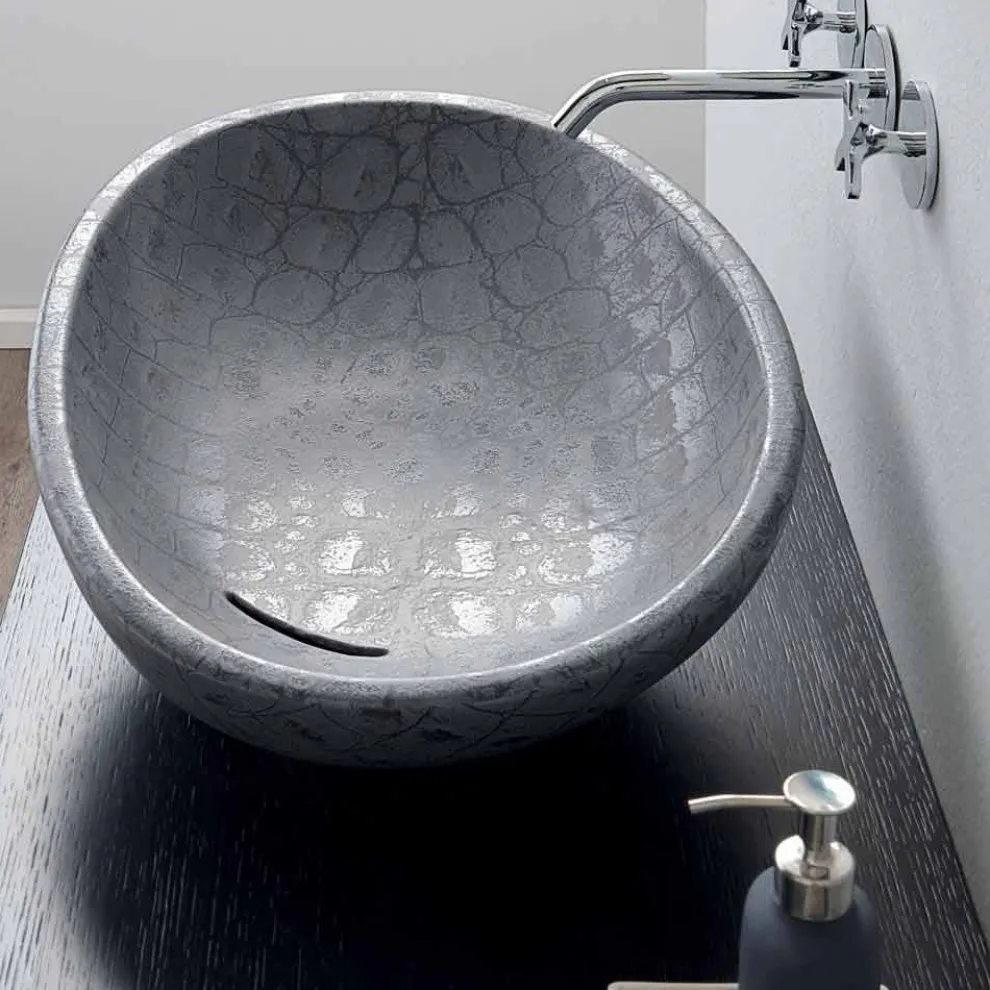 Aufsatzwaschbecken aus grauer, mit Kokosnuss bedruckter Keramik, hergestellt in Italy Glossy