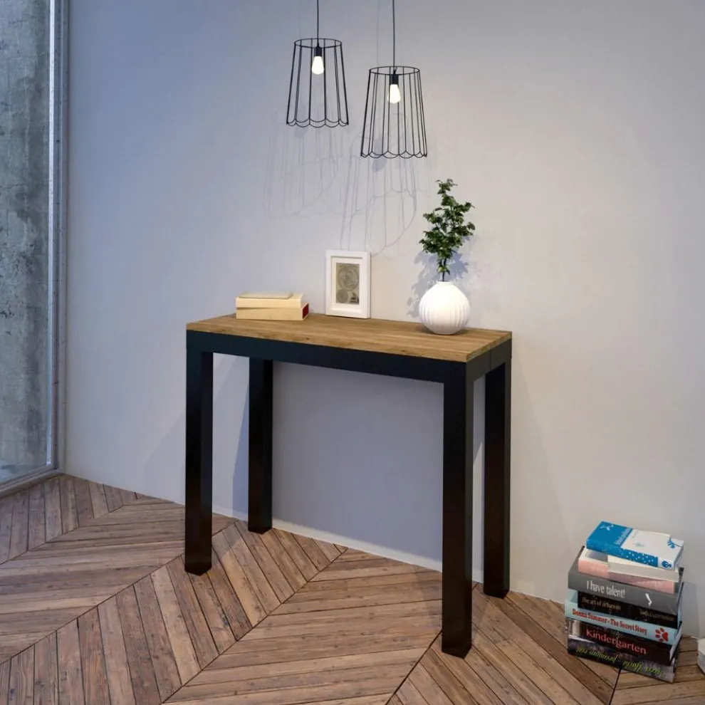 Ausziehbare Konsole mit modernem Design aus Holz und Eisen, hergestellt in Italien – Never