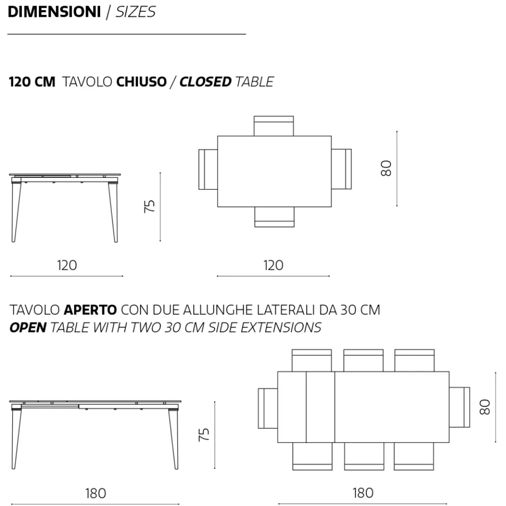Ausziehbarer Tisch bis 180 cm Teleskop aus Metall und Feinsteinzeug - Achille
