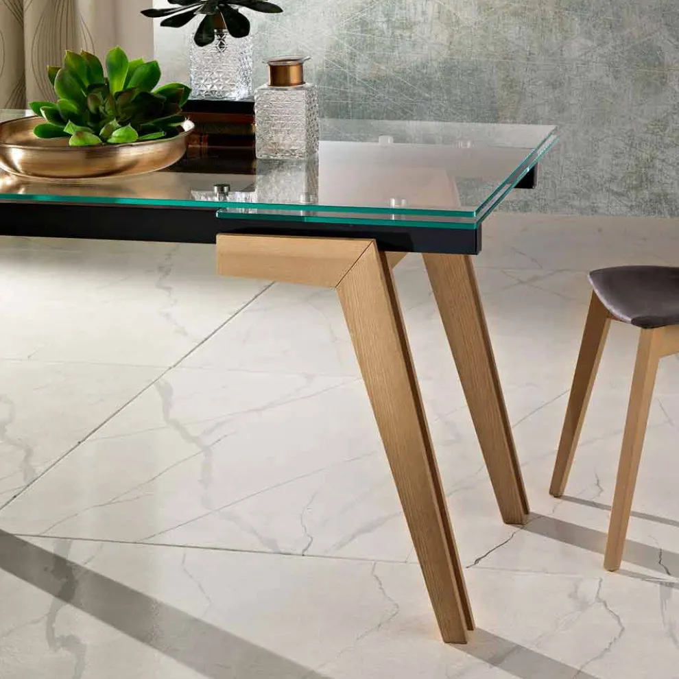 Ausziehbarer Tisch aus Glas und Massivholz made in Italy, Dimitri