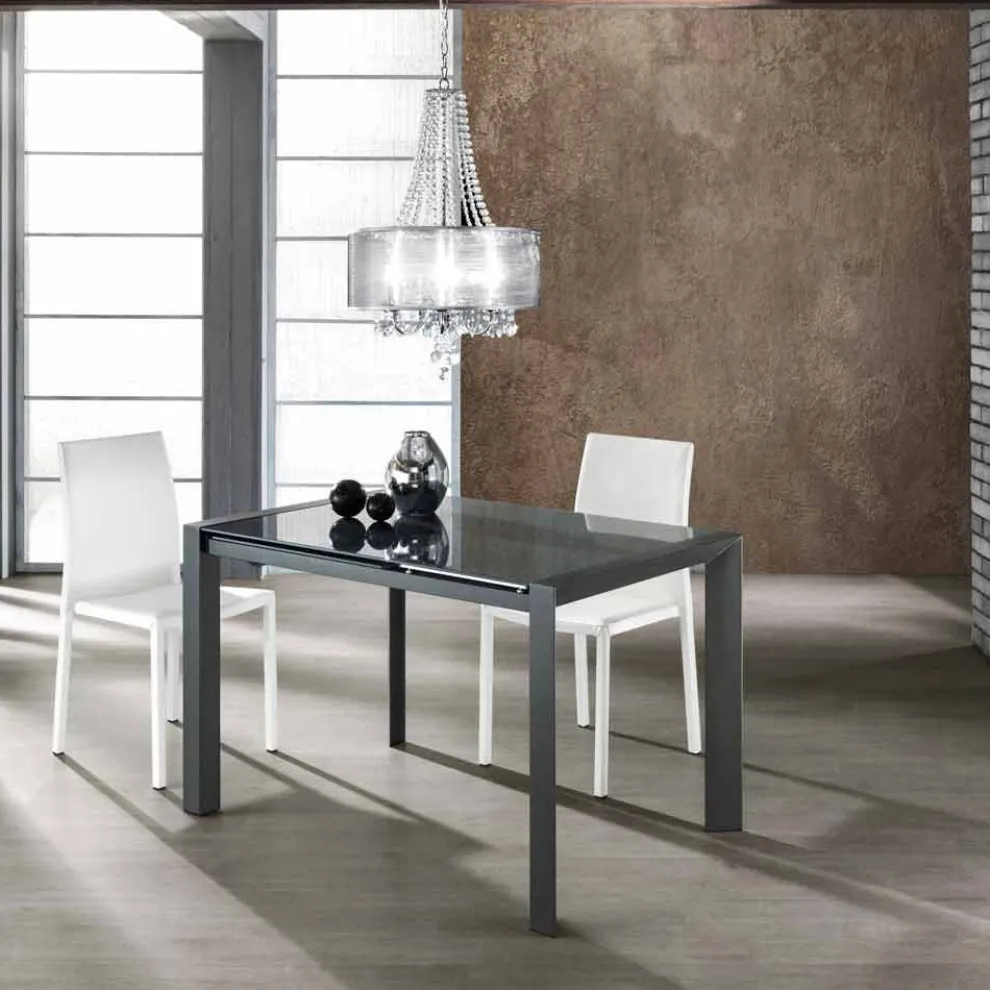 Ausziehbarer Tisch aus grau lackiertem Glas und Zeno Metall