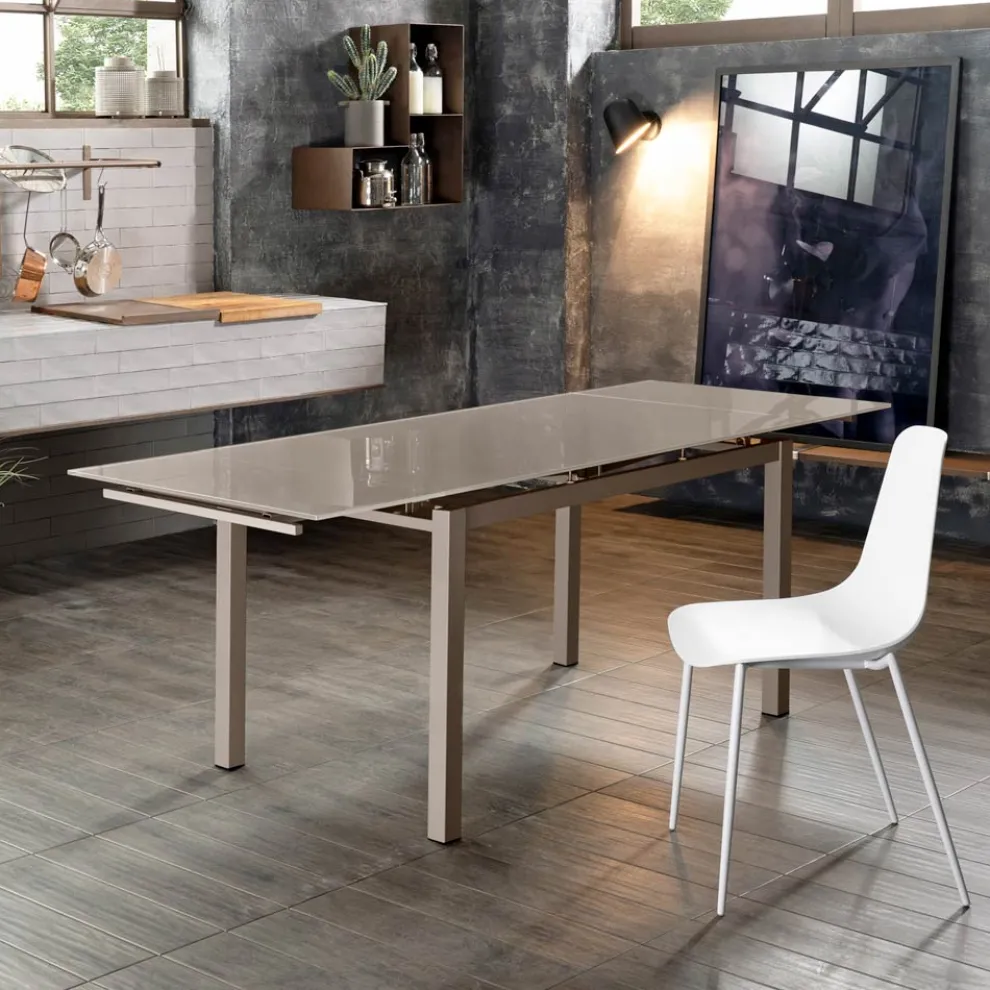 Ausziehbarer Tisch bis 170 cm mit Glasplatte und Metallgestell – Apple