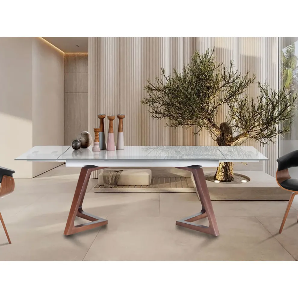 Ausziehbarer Tisch bis 260 cm aus Massivholz und gehärtetem Glas - Sizilien
