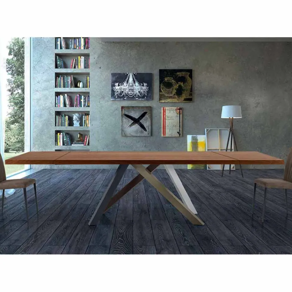Ausziehbarer Tisch bis 300 cm aus Holz und Stahl, hergestellt in Italien – Settimmio