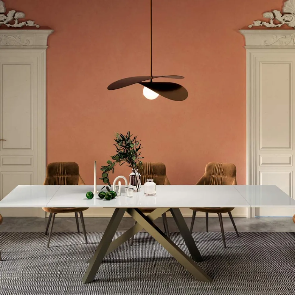 Ausziehbarer Tisch mit mattweißer Glasplatte, hergestellt in Italien – Settimmio