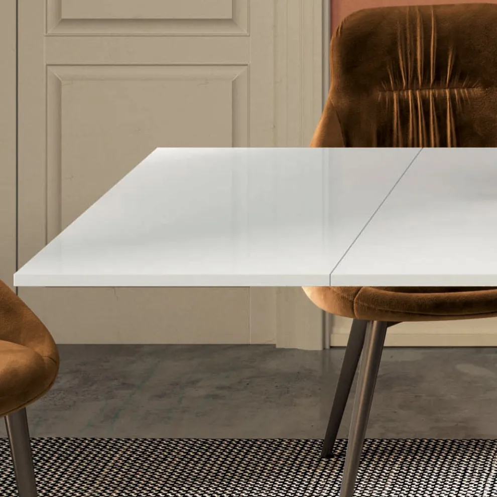 Ausziehbarer Tisch mit mattweißer Glasplatte, hergestellt in Italien – Settimmio